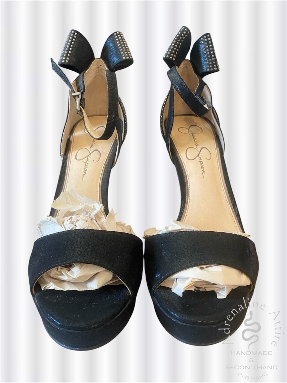 Jessica Simpson Black Open toed Studded Bow Ankle-Strap Platform Stiletto